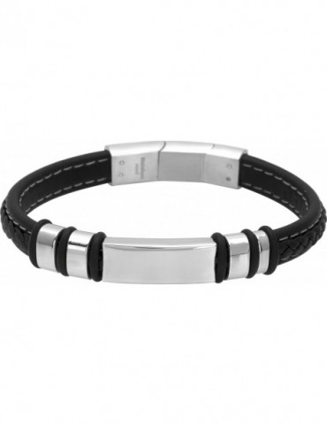 Bracelet homme cuir noir et acier