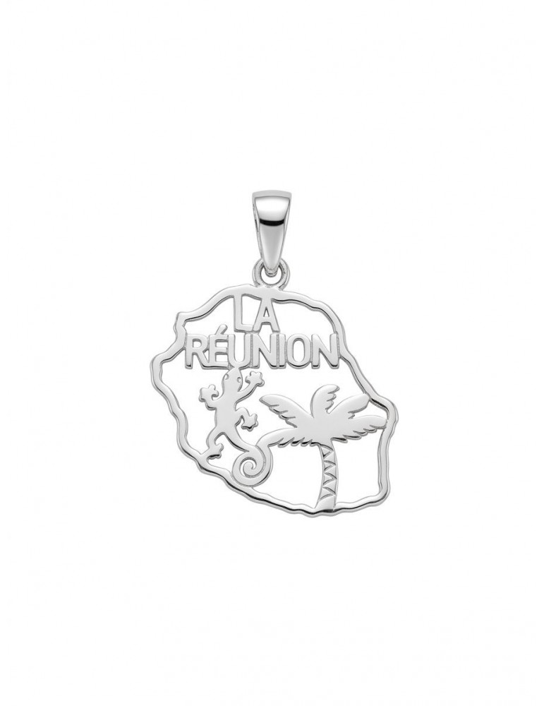 Pendentif carte Réunion lezard palmier