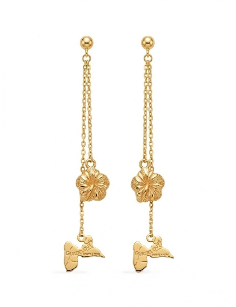 Boucles d'oreilles pendante Guadeloupe hibiscus plaqué or