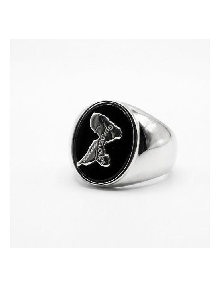 Chevalière carte Guadeloupe onyx oval argent 925/1000