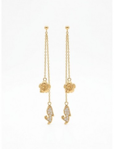 Boucles d'oreilles pendante carte Martinique zircon Hibiscus