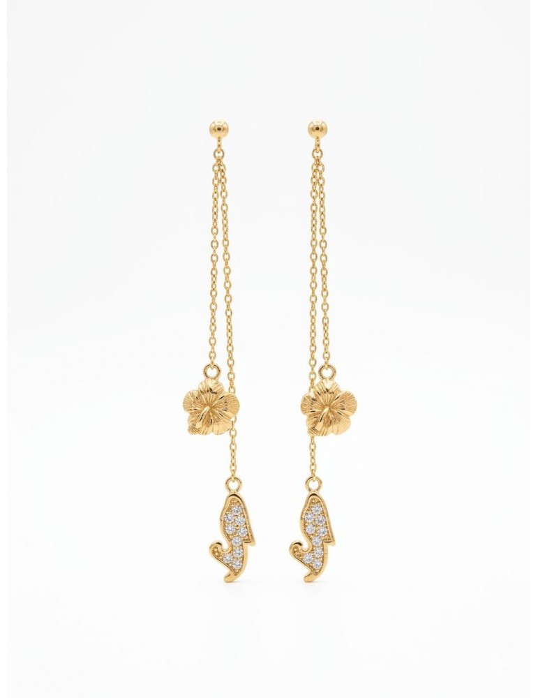 Boucles d'oreilles pendante carte Martinique zircon Hibiscus